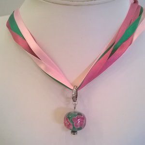 Pink & Green Glass Lampwork Pendant Necklace